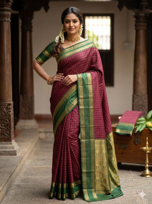 maroon art silk saree paired with a rich green zari border.
