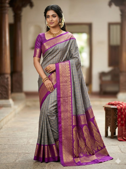 grey art silk saree featuring a rich violet zari border