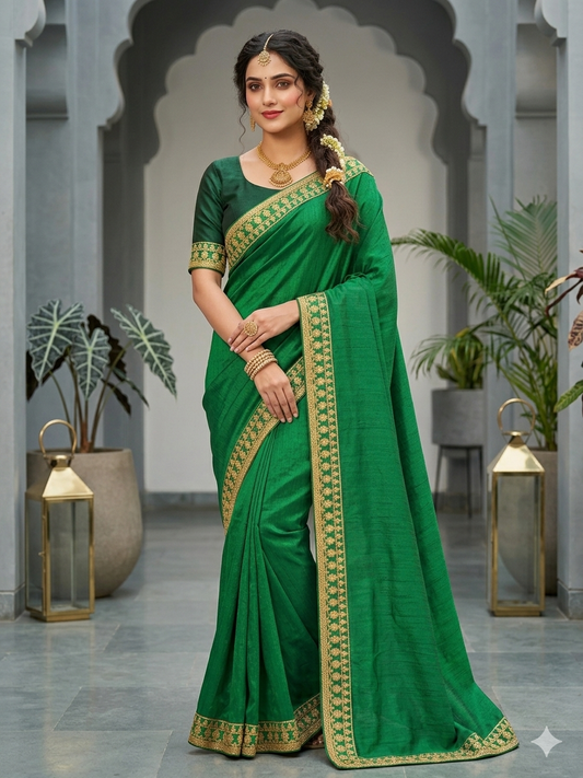 Elegant Green Art Silk Saree with Golden Zari Border |